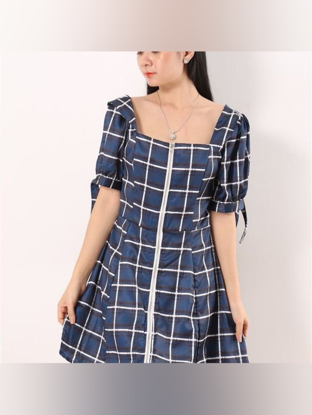 Aqua Navy & White Windowpane Puff-Sleeve Square-Neck Dress